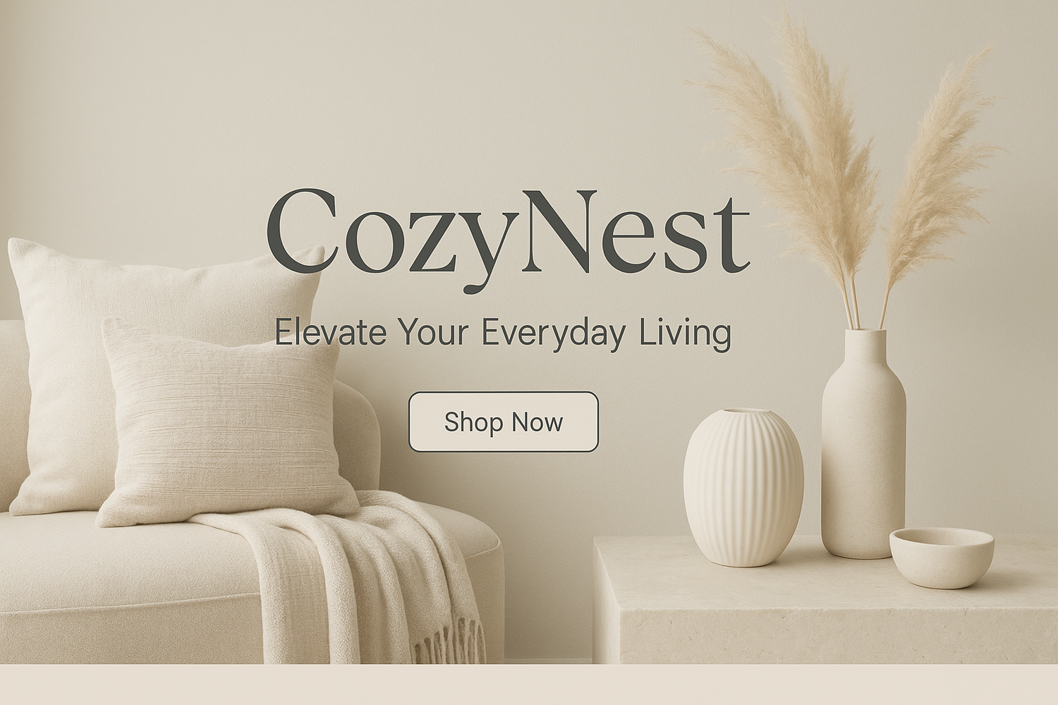 "Design a clean, modern Shopify homepage banner for a home item brand called 'CozyNest'. The banner should reflect comfort, elegance, and minimalism, featuring soft neutral colors (like beige, white, and light gray) with high-quality images of home products such as cushions, throws, and decorative items. Include the brand name 'CozyNest' prominently, along with a tagline: 'Elevate Your Everyday Living'. Add a 'Shop Now' button. Ensure the design is responsive and fits well for both desktop and mobile."